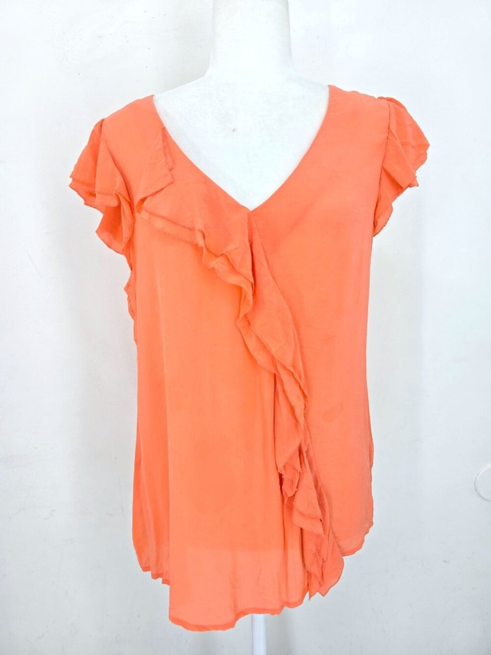 Anthropologie Maeve Coral Orange Ruffle 100% Silk V NEck Top Women Size 10